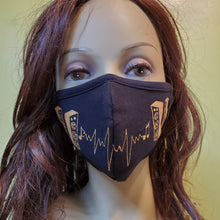 Load image into Gallery viewer, Hand painted face mask - speakers and the heartbeat of music. 100% cotton - Washable, breathable, and Foldable. Made in the USA
