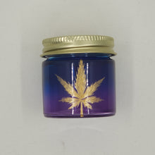 Load image into Gallery viewer, Hand Stained-Painted glass stash jar - purple fading to blue (ombre) with a herb leaf painted in gold