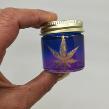 Load image into Gallery viewer, Hand Stained-Painted glass stash jar - purple fading to blue (ombre) with a herb leaf painted in gold