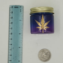 Load image into Gallery viewer, Hand Stained-Painted glass stash jar - purple fading to blue (ombre) with a herb leaf painted in gold
