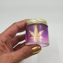 Load image into Gallery viewer, Hand Stained-Painted glass stash jar - purple fading to pink (ombre) with a herb leaf painted in gold