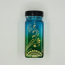Load image into Gallery viewer, Hand Stained-Painted glass jar -green fading to blue (ombre) with intricate gold (henna style) designs -spice jar
