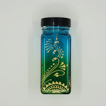 Load image into Gallery viewer, Hand Stained-Painted glass jar -green fading to blue (ombre) with intricate gold (henna style) designs -spice jar