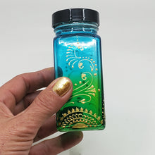 Load image into Gallery viewer, Hand Stained-Painted glass jar -green fading to blue (ombre) with intricate gold (henna style) designs -spice jar