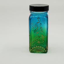 Load image into Gallery viewer, Hand Stained-Painted glass jar -green fading to blue (ombre) with intricate gold (henna style) designs -spice jar
