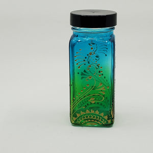 Hand Stained-Painted glass jar -green fading to blue (ombre) with intricate gold (henna style) designs -spice jar