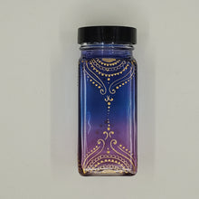 Load image into Gallery viewer, Hand Stained-Painted glass jar -purple fading to blue (ombre) with intricate gold (henna style) designs -spice jar