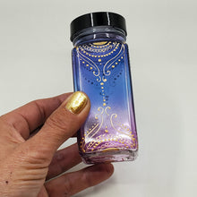 Load image into Gallery viewer, Hand Stained-Painted glass jar -purple fading to blue (ombre) with intricate gold (henna style) designs -spice jar
