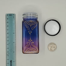 Load image into Gallery viewer, Hand Stained-Painted glass jar -purple fading to blue (ombre) with intricate gold (henna style) designs -spice jar