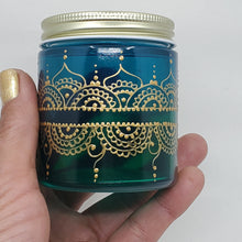 Load image into Gallery viewer, Hand Stained-Painted glass jar- green fading to blue (ombre) with intricate gold (henna style) designs. Bohemian centerpiece