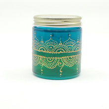 Load image into Gallery viewer, Hand Stained-Painted glass jar- green fading to blue (ombre) with intricate gold (henna style) designs. Bohemian centerpiece
