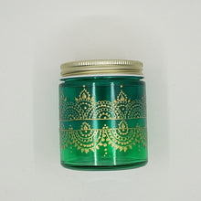 Load image into Gallery viewer, Hand Stained-Painted glass jar- 2 tones of green (ombre) with intricate gold (henna style) designs. Bohemian centerpiece
