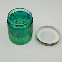 Load image into Gallery viewer, Hand Stained-Painted glass jar- 2 tones of green (ombre) with intricate gold (henna style) designs. Bohemian centerpiece