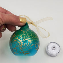 Load image into Gallery viewer, Hand painted and stained ornament/mini lantern in green and blue