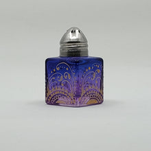 Load image into Gallery viewer, Mini Salt and Pepper shakers / perfume jars - Hand Stained & Painted . Blue fading to purple with intricate gold henna boho designs in gold