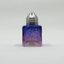 Load image into Gallery viewer, Mini Salt and Pepper shakers / perfume jars - Hand Stained & Painted . Blue fading to purple with intricate gold henna boho designs in gold