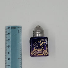 Load image into Gallery viewer, Mini Salt and Pepper shakers / perfume jars - Hand Stained & Painted . Blue fading to purple with intricate gold henna boho designs in gold
