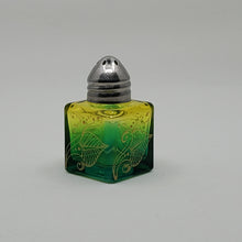 Load image into Gallery viewer, Mini Salt and Pepper shakers / perfume jars - Hand Stained & Painted . Yellow fading to green with intricate gold henna boho designs in gold