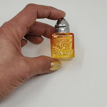 Load image into Gallery viewer, Mini Salt and Pepper shakers / perfume jars - Hand Stained &amp; Painted . Yellow fading to Orange with intricate henna boho designs in gold
