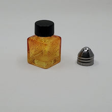 Load image into Gallery viewer, Mini Salt and Pepper shakers / perfume jars - Hand Stained &amp; Painted . Yellow fading to Orange with intricate henna boho designs in gold
