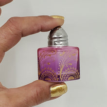 Load image into Gallery viewer, Mini Salt and Pepper shakers / perfume jars - Hand Stained &amp; Painted . Purple fading to Pink with intricate henna boho designs in gold
