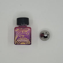 Load image into Gallery viewer, Mini Salt and Pepper shakers / perfume jars - Hand Stained &amp; Painted . Purple fading to Pink with intricate henna boho designs in gold
