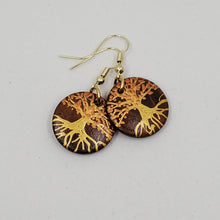 Load image into Gallery viewer, Tree of Life-  handpainted wood earrings gold on medium brown
