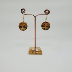 Tree of Life-  handpainted wood earrings gold on medium brown