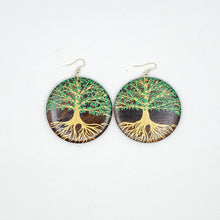 Load image into Gallery viewer, Tree of Life- gold and green (handpainted wooden earrings) on dark brown wood. Boho