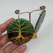 Load image into Gallery viewer, Tree of Life- gold and green (handpainted wooden earrings) on dark brown wood. Boho