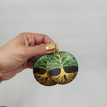Load image into Gallery viewer, Tree of Life- gold and green (handpainted wooden earrings) on dark brown wood. Boho
