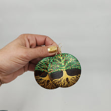 Load image into Gallery viewer, Tree of Life- gold and green (handpainted wooden earrings) on dark brown wood. Boho
