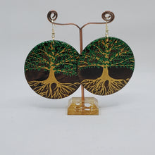 Load image into Gallery viewer, Tree of Life- gold and green (handpainted wooden earrings) on dark brown wood. Boho
