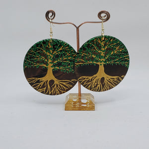 Tree of Life- gold and green (handpainted wooden earrings) on dark brown wood. Boho