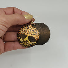 Load image into Gallery viewer, Tree of Life-  handpainted wood earrings - Gold and coppery. Boho
