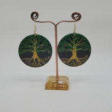 Load image into Gallery viewer, Tree of Life- handpainted wood earrings - Gold and green on black. Boho