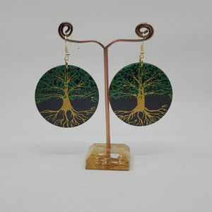 Tree of Life-  handpainted wood earrings - Gold and green on black. Boho