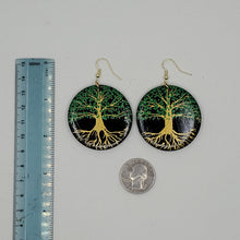 Load image into Gallery viewer, Tree of Life-  handpainted wood earrings - Gold and green on black. Boho
