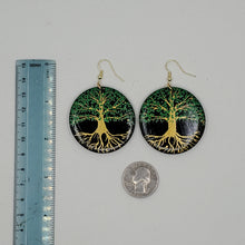 Load image into Gallery viewer, Tree of Life- handpainted wood earrings - Gold and green on black. Boho