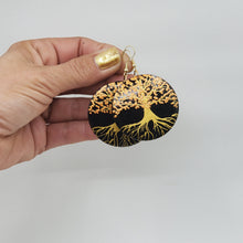 Load image into Gallery viewer, Tree of Life- handpainted wood earrings - Gold and copper on black. Boho