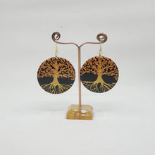 Load image into Gallery viewer, Tree of Life- handpainted wood earrings - Gold and copper on black. Boho