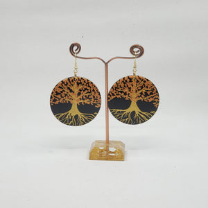 Tree of Life-  handpainted wood earrings - Gold and copper on black. Boho