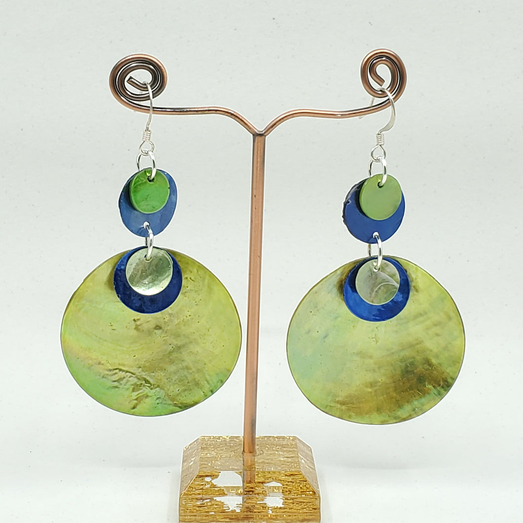 Shell earrings, Large drop- Green and Blue