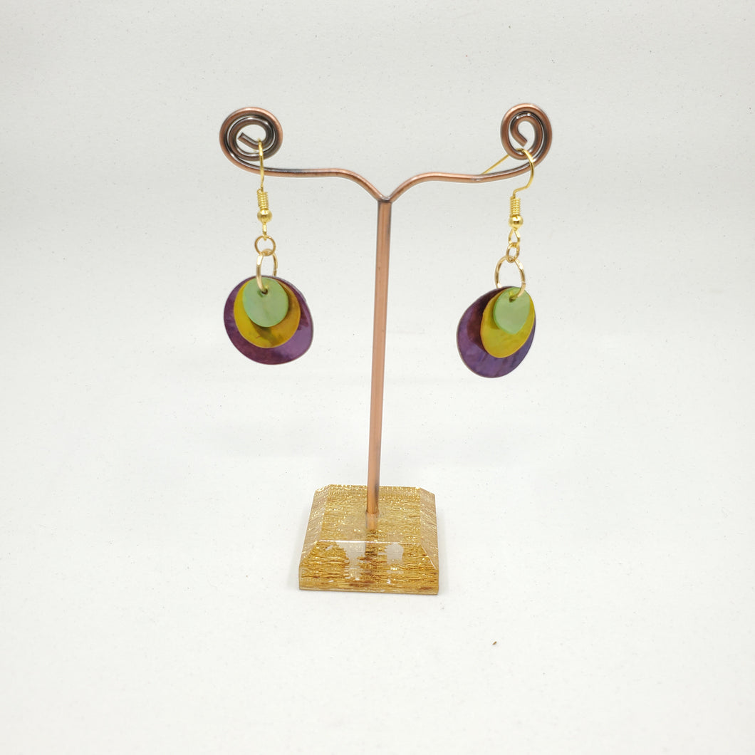 shell earring, circle- Purple, yellow/gold and light green