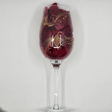 Load image into Gallery viewer, Hand Painted Crystal wine glass. Intricate gold henna inspired art winding around the entire glass.