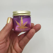 Load image into Gallery viewer, Hand Stained-Painted glass stash jar - purple fading to pink (ombre) with a herb leaf painted in gold