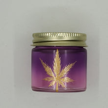 Load image into Gallery viewer, Hand Stained-Painted glass stash jar - purple fading to pink (ombre) with a herb leaf painted in gold