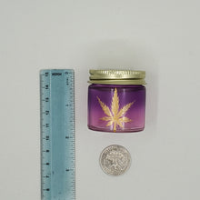 Load image into Gallery viewer, Hand Stained-Painted glass stash jar - purple fading to pink (ombre) with a herb leaf painted in gold