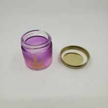 Load image into Gallery viewer, Hand Stained-Painted glass stash jar - purple fading to pink (ombre) with a herb leaf painted in gold