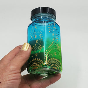 Hand Stained-Painted glass jar -green fading to blue (ombre) with intricate gold (henna style) designs -spice jar
